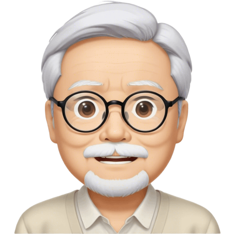 ​Cinematic Realistic Portrait of Hayao Miyazaki, depicted with defined black eyebrows, and large rectangular glasses, his happy expression rendered in lifelike detail, illuminated with soft, realistic lighting that emphasizes his creative genius, emoji