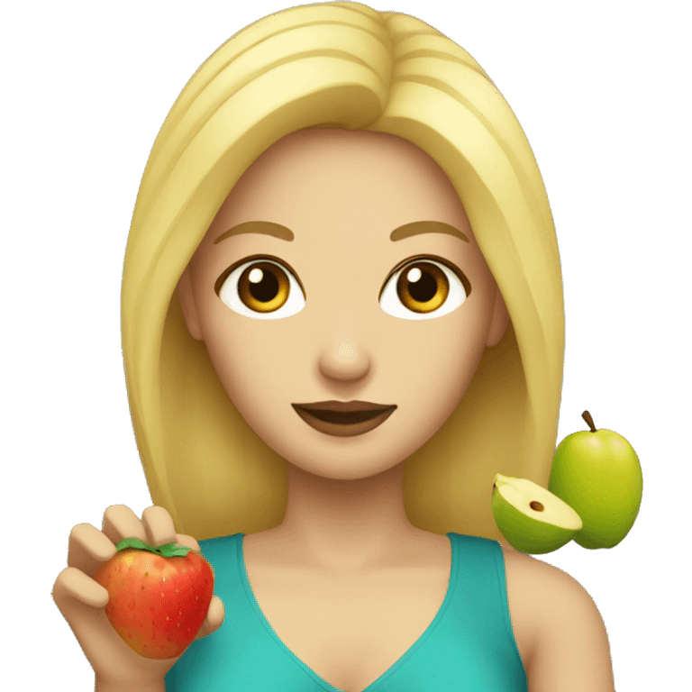 a blonde woman with black eyes holding fruit emoji