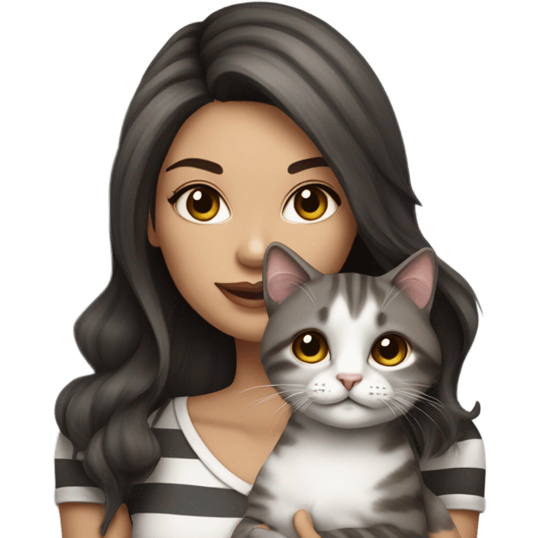 Beautiful dark brown haired tattooed woman holding gray and white striped long hair cat emoji