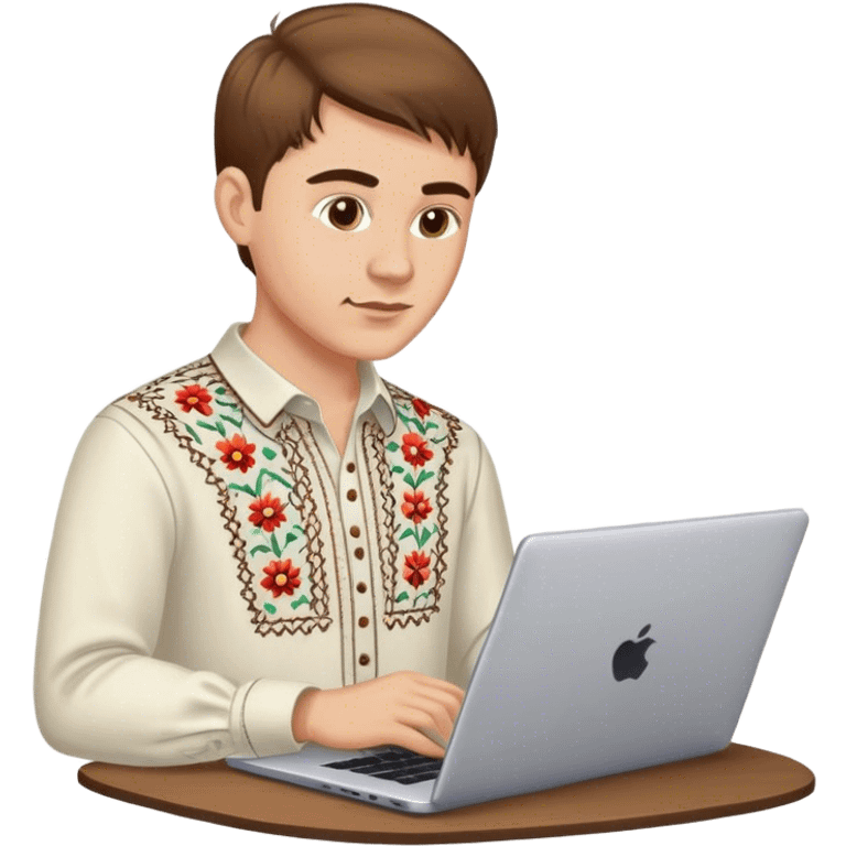 A Ukrainian guy with brown hair in an embroidered shirt works at his laptop emoji