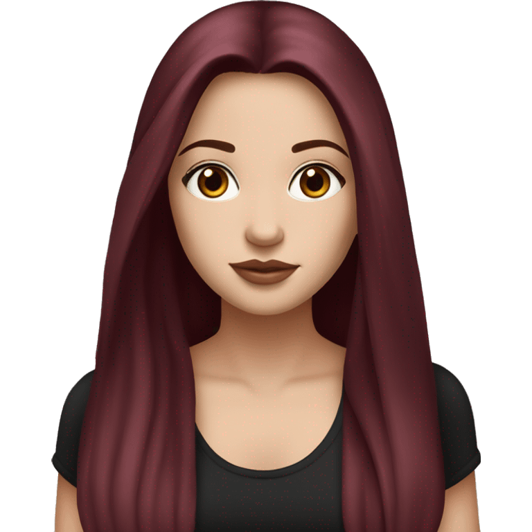 white girl, long straight middle part burgundy hair, brown eyes, long eyelashes, full lips, black tank top emoji