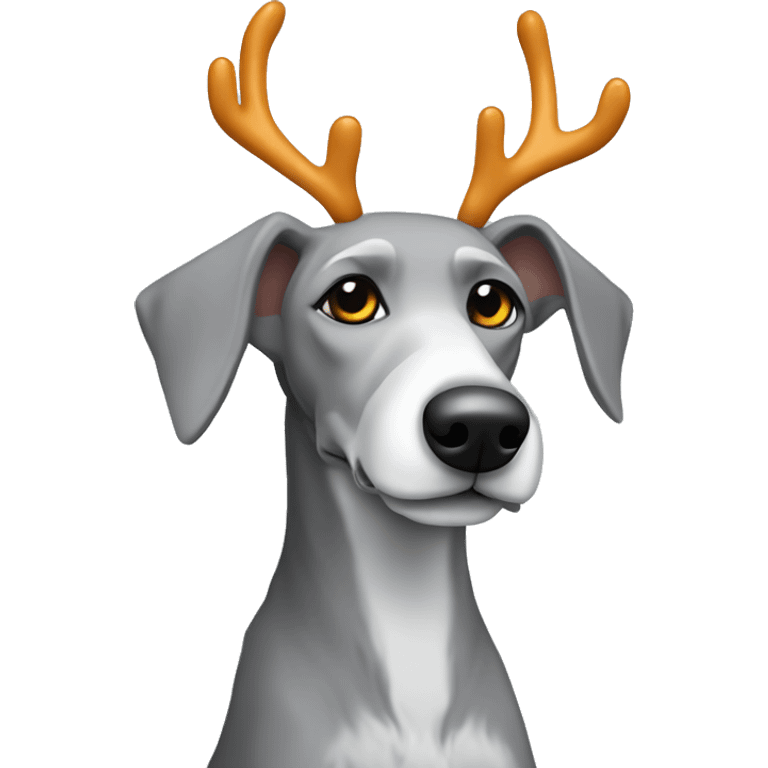 Scruffy grey bedlington whippet sitting down wearing antlers  emoji