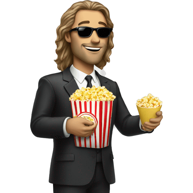 long hair white man in suit with sunglasses eating popcorn  emoji