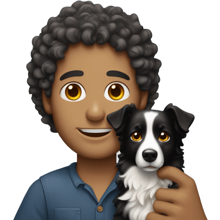 A curly-haired white man holding a Border Collie. emoji