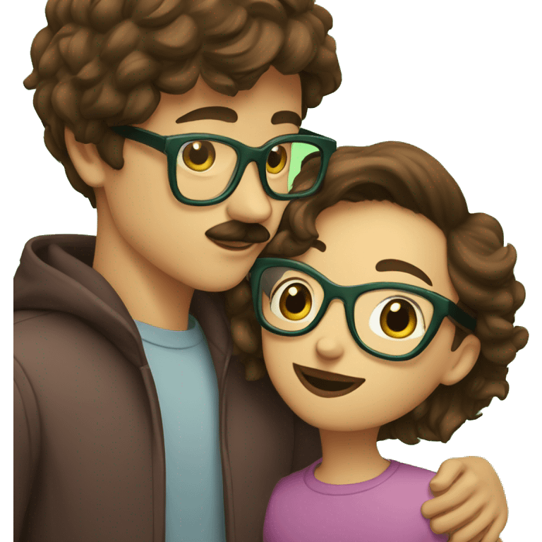 A boy with brown hair and a mustache is kissing a girl wearing glasses and her hair is green emoji