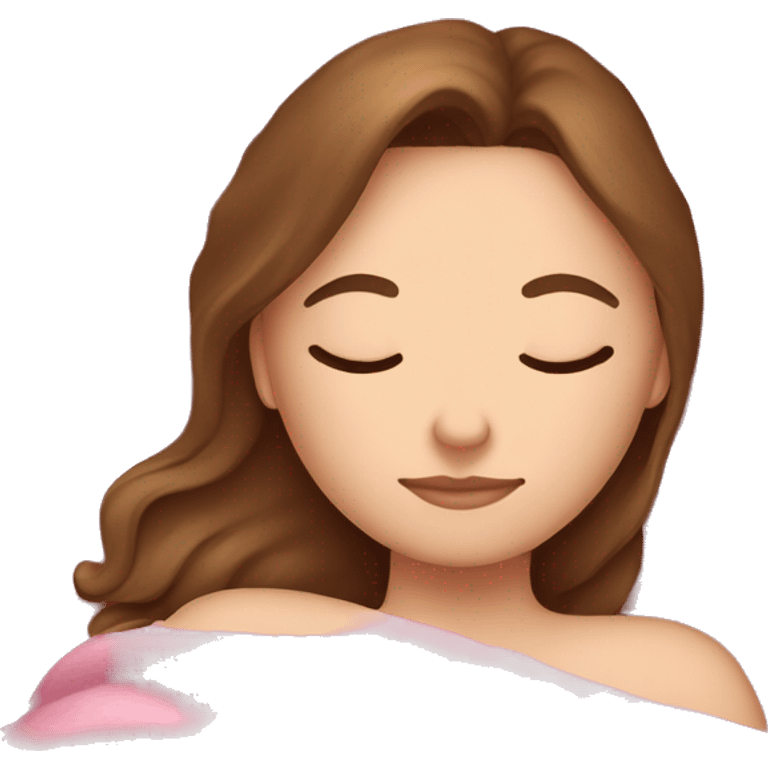 White girl with brown hair sleeping with pink blanket emoji