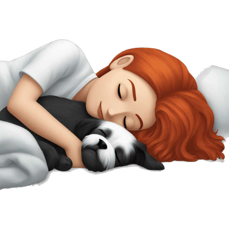 Red hair girl sleep with her maltese black dog emoji