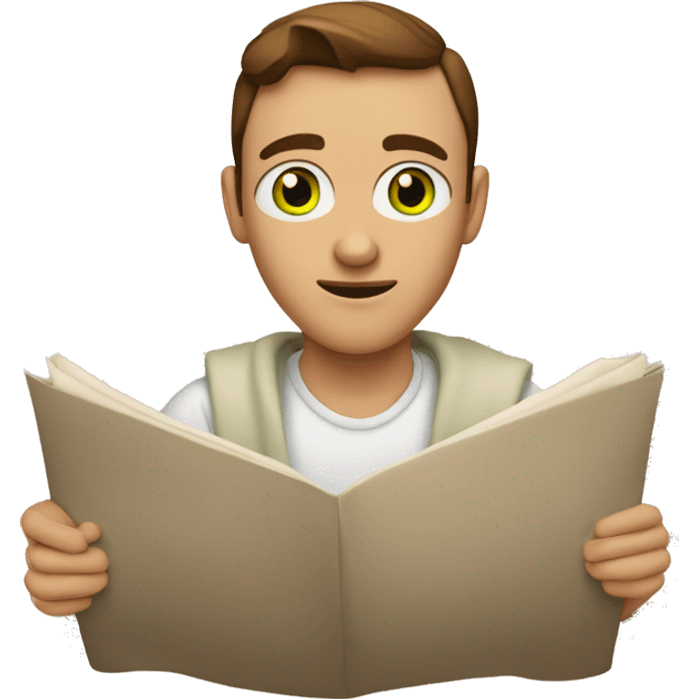 a light-skinned green-eyed man with brown hair sitting in front of the paper scroll  emoji