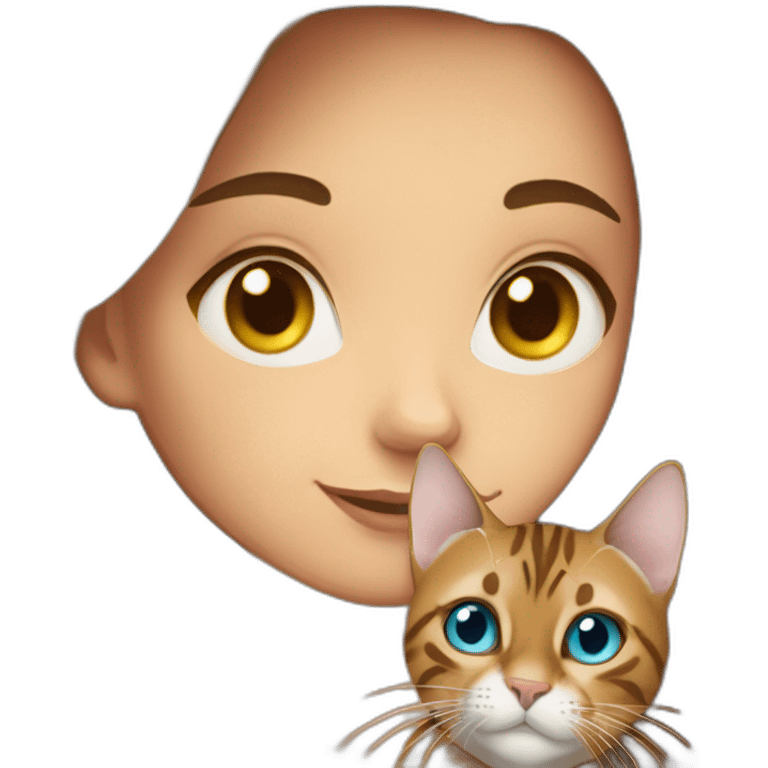 a beautiful girl with blue eyes and brown hair holds a Bengal cat with yellow eyes in her arms emoji