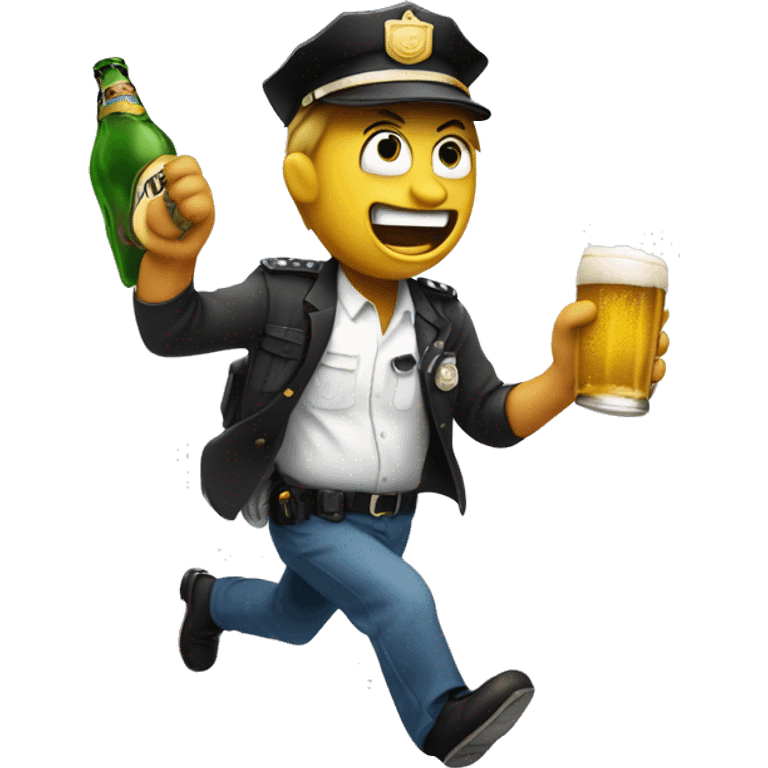 Drunk emoji holding a beer bottle, running away from police with a panicked expression, sweat droplets, and stumbling steps. emoji