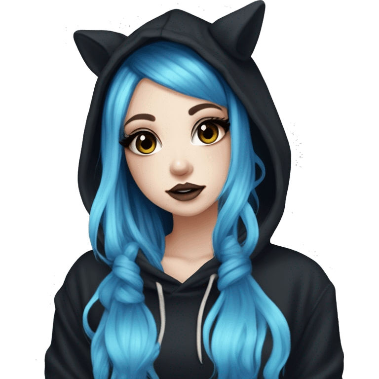 hime gyaru girl, tattoos, pale skin with black and electric blue hair, dark makeup, black hoodie emoji