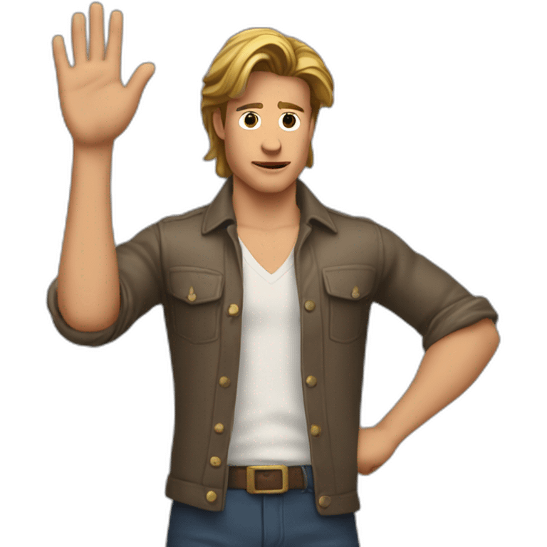 Bradd pitt's with uncertainty,shoulders raised upwards in a classic 'I don't know' gesture. Both of his hands should be raised, palms facing upwards, emphasizing this gesture emoji