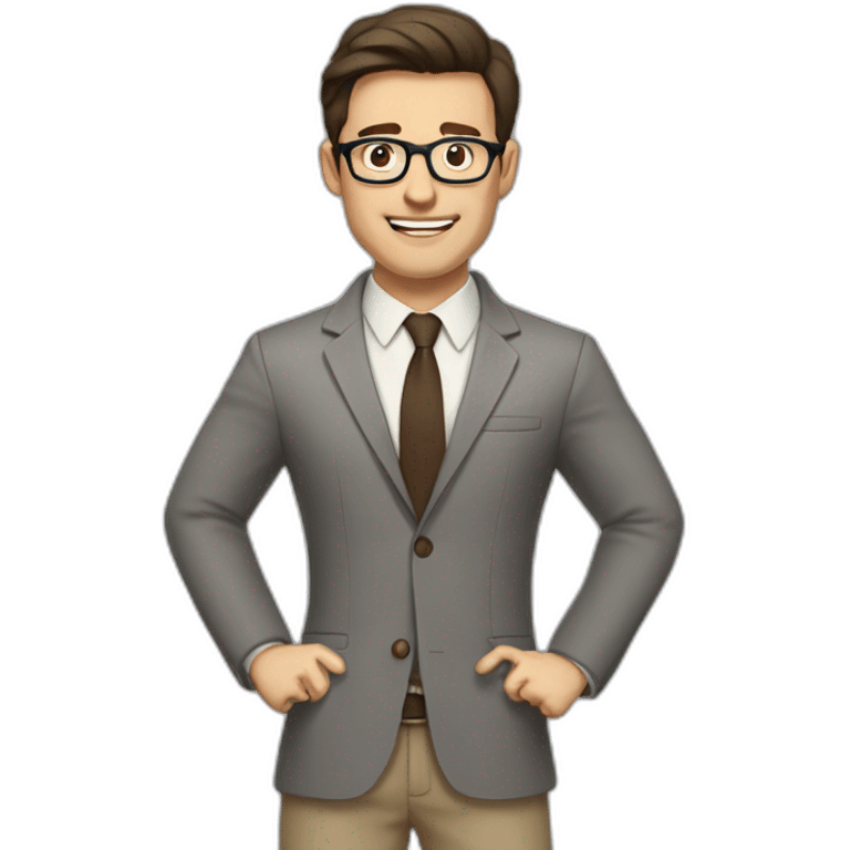 To belt Actively gesturing with hands Pale skinned fit man with dark brown hair in gray jacket, beige office shirt, brown tie, brown pants and vintage glasses. emoji