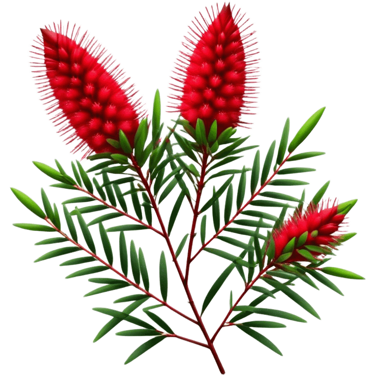 Cinematic Realistic Callistemon Emoji, Vibrant and striking, with spiky red flowers resembling a bottlebrush. The slender leaves create a fine backdrop to the bold blooms, while the plant exudes energy and vitality. Soft glowing outline, capturing the essence of strength, color, and natural beauty in a brilliant callistemon tree! emoji