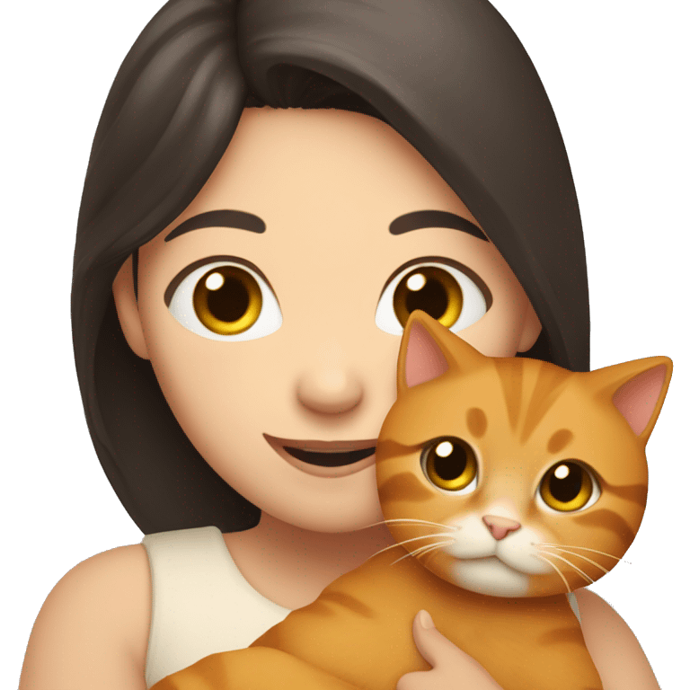 A girl with dark hair holds a ginger cat in her arms, they are smiling  emoji