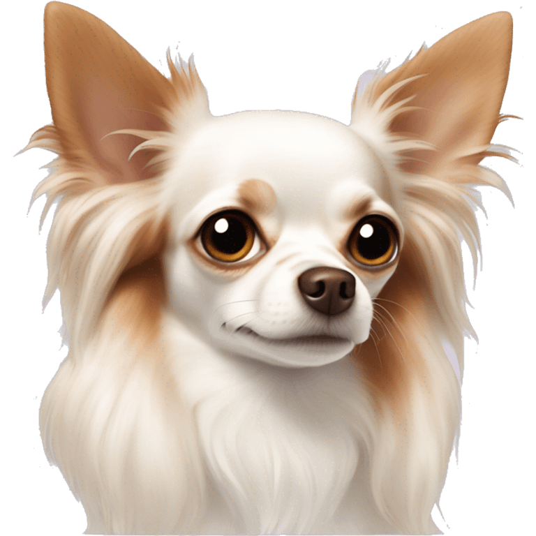 Long-haired white Chihuahua with reddish brown markings lying on bed  emoji