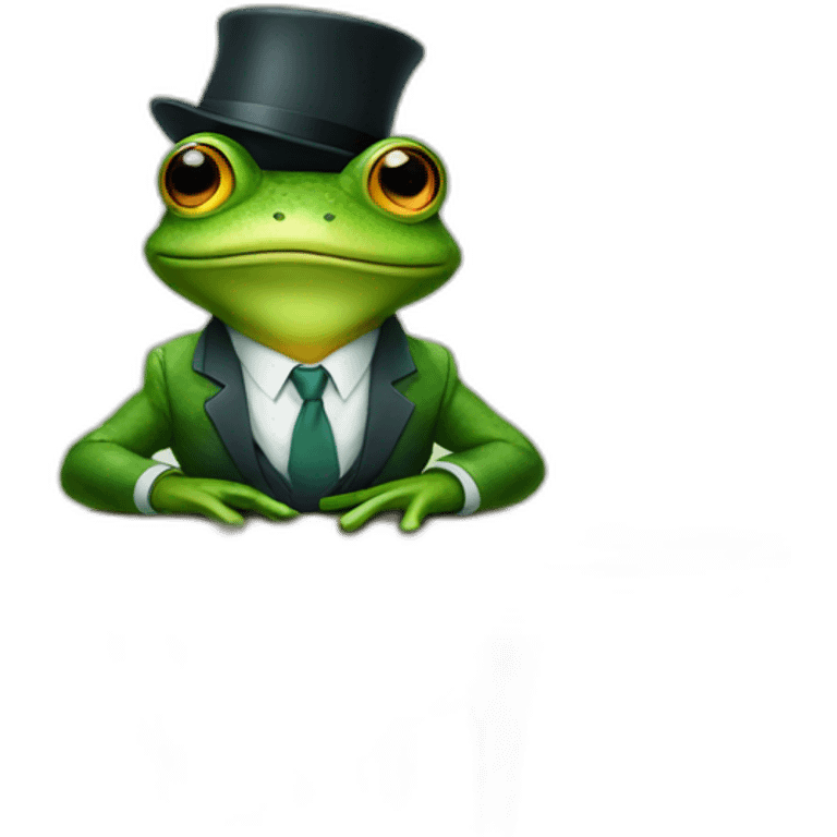 A frog wearing a suit looking straight sitting on a table and wearing a hat emoji