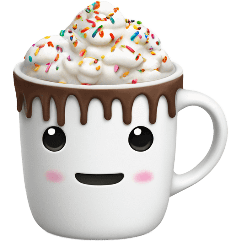 White mug, with hot chocolate with marshmallows and sprinkles and whipped cream emoji