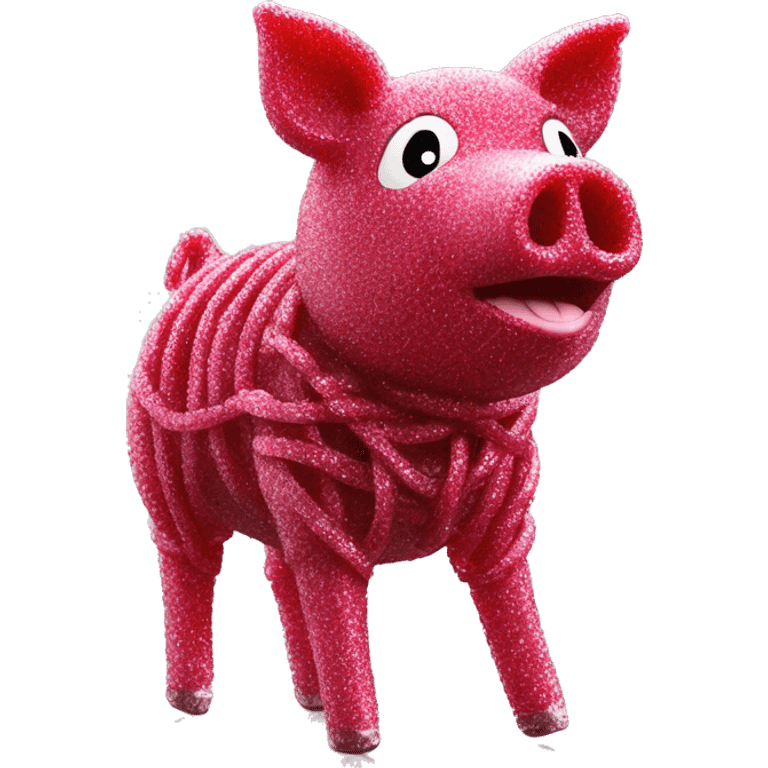 Sparkling Pig made of maroon sparkling sour candy laces andc sweets walking covered in sugar  emoji