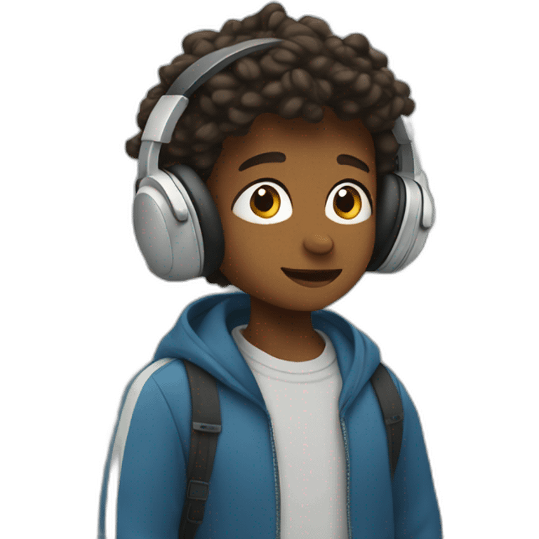 young boy listening to audio and travels the city emoji