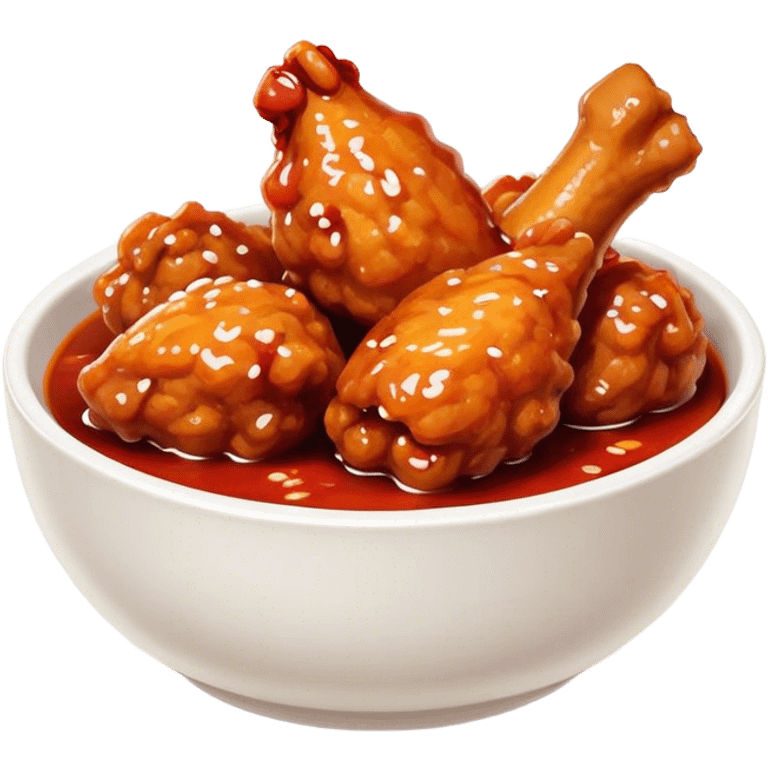 Korean Fried Chicken Cinematic Realistic Korean Fried Chicken Dish Emoji, depicted as bite-sized chicken chunks generously coated in a glossy, spicy sauce, in a bowl. emoji