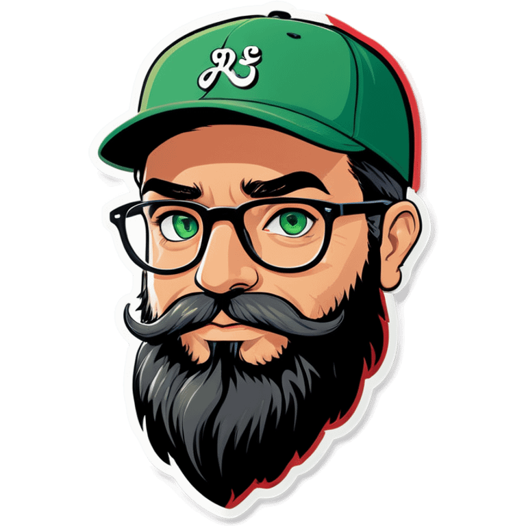 A bold man with a grey baseball cap, green eyes, big beard and glasses in love! emoji