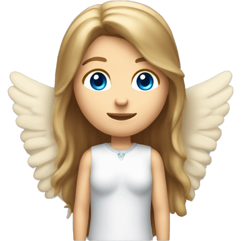 Caucasian brunette angel with long straight hair, dimples, big blue eyes, golden hoop halo over head and wings on back emoji