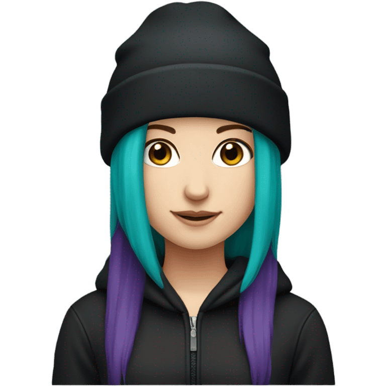 White girl, black hoodie, teal hair, purple beanie hat emoji