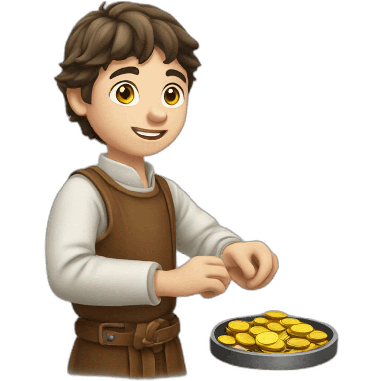 young coin engraver apprentice yielding a coin, medieval age emoji