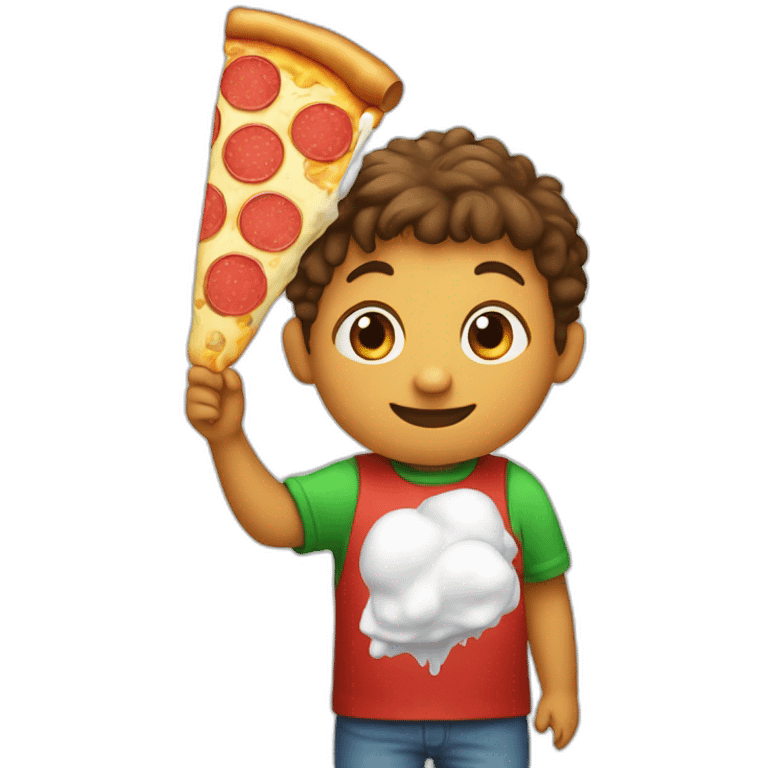 A kid with a pizza balloon eating an ice cream emoji