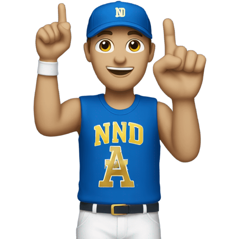 White man with blue cap that says ND in gold letters with a blue foam finger  emoji