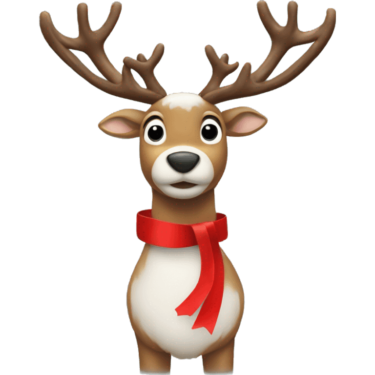 A reindeer in the snow with a red ribbon on its left horn emoji