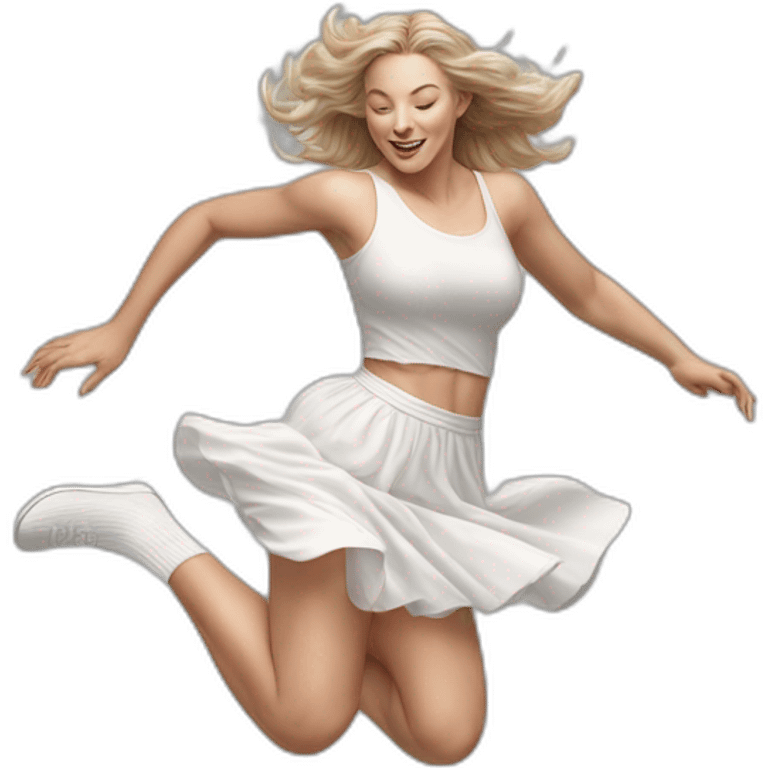 Hyperrealistic Full body Caucasian curvy beauty jumping short white skirt back and front views strong wind knickers long white socks emoji