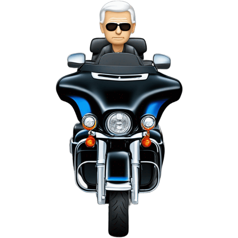 angled frontend view of a harley davidson electra glide ultra classic with big blue pearl and vivid black two color paint scheme with recurve windshield, a radio antenna and a citizen's band radio antenna and an older white man without a helmet sitting on the front seat. emoji