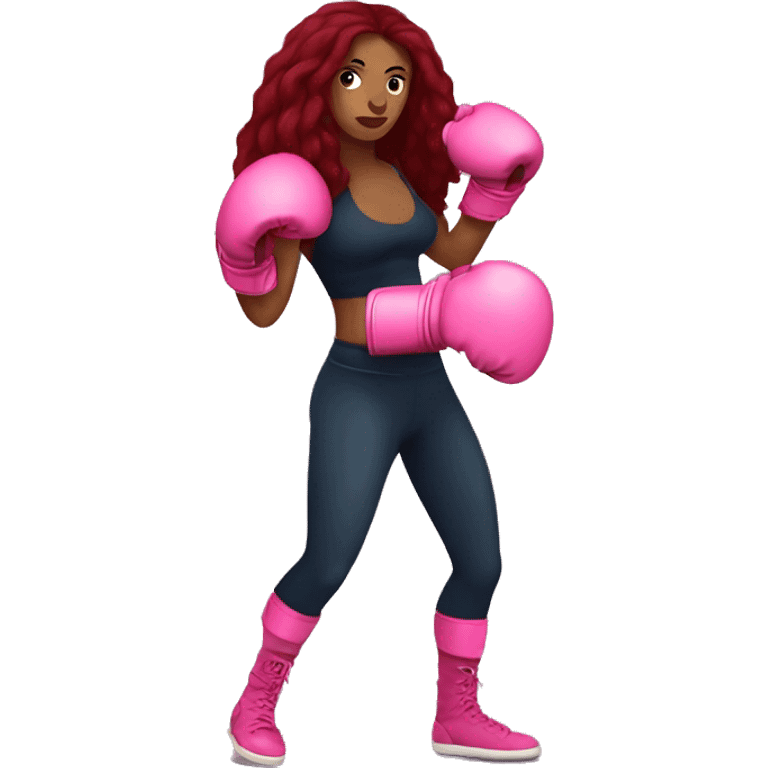 Beautiful tattooed  burgundy long haired woman boxing with pink gloves emoji