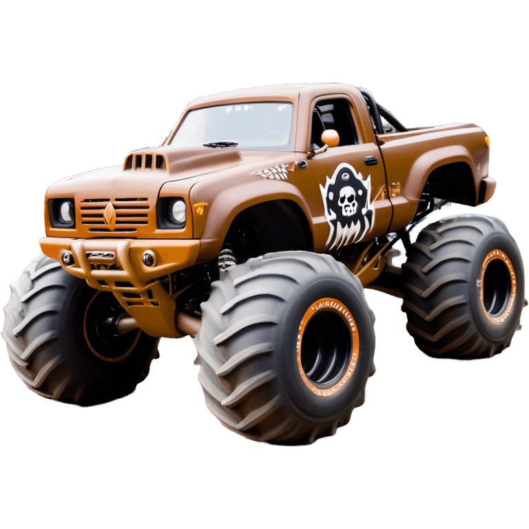 Monster Mutt - Monster Jam (Model Year: 2021) (Iconic colour: Brown with dog features) - A unique monster truck with playful, dog-inspired design cues. The vehicle is painted in warm brown tones and features subtle dog motifs (such as a stylized snout or ear shapes). It should blend the rugged power of a monster truck with quirky, endearing canine features. emoji