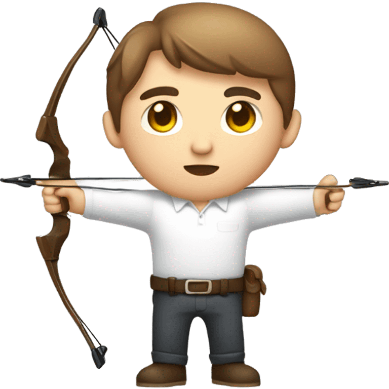 a male, aiming with a bow, facing  his target, eyes closed, wearing a white shirt, very short brown hair, bright skin, only show upper part of the body from waist up emoji