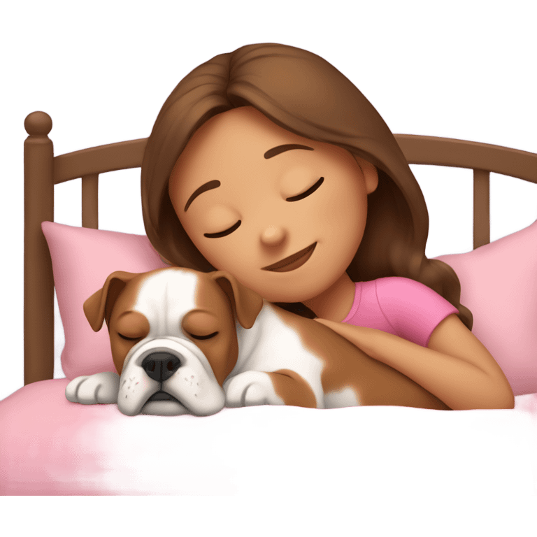 Sleeping girl in pink bed with brown hair and bulldog emoji