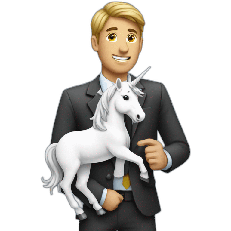 A corporate guy with paper in his hands riding a unicorn that has paper in its mouth emoji