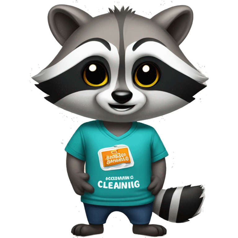 raccoon in a t-shirt with the inscription "cleaning" emoji