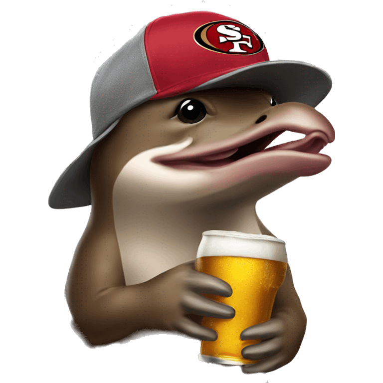 platypus in a 49ers cap holding a beer emoji