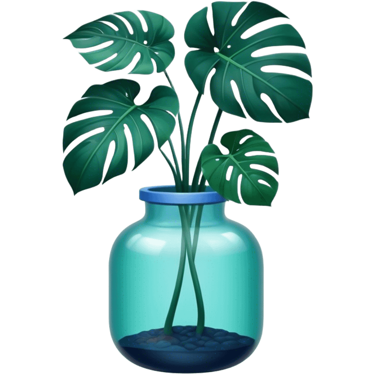 Aesthetic monstera flower in deep bottle green color in a beautiful blue pot emoji