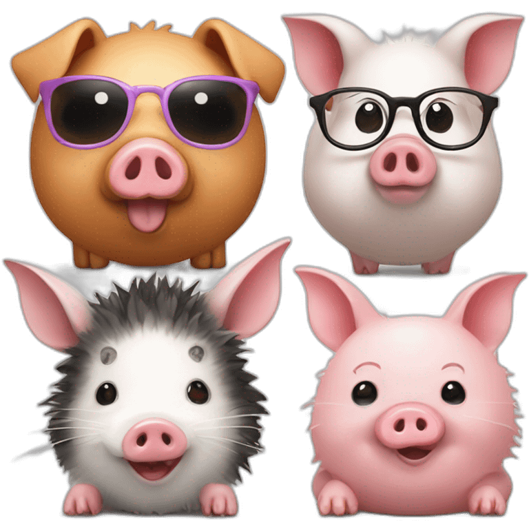 Piggy and pig with glasses and rabbit and hedgehog emoji