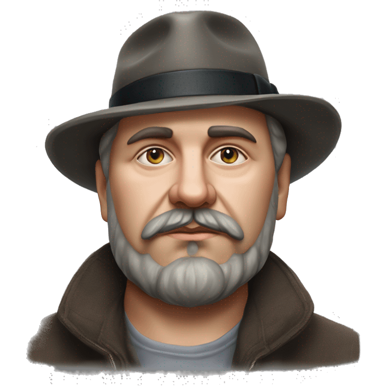 Russian writer Alexander Kuprin Photorealism A plump serious man of Slavic appearance with Small eyes with goatee beard and mustache, with a  short haircut, big detailed face, wrinkled face, wearing a fedora hat emoji