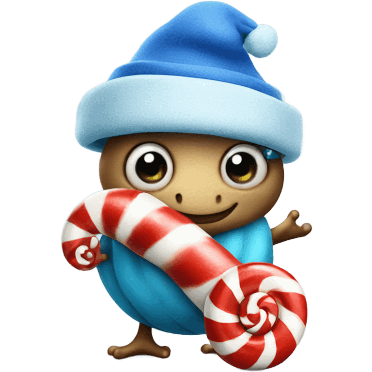 Snail wearing a blue hat holding a candy cane emoji