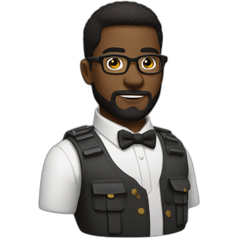 black soldier with a beard, a part in hair, wearing glasses, a white collared shirt, a bow tie, bulletproof vest emoji