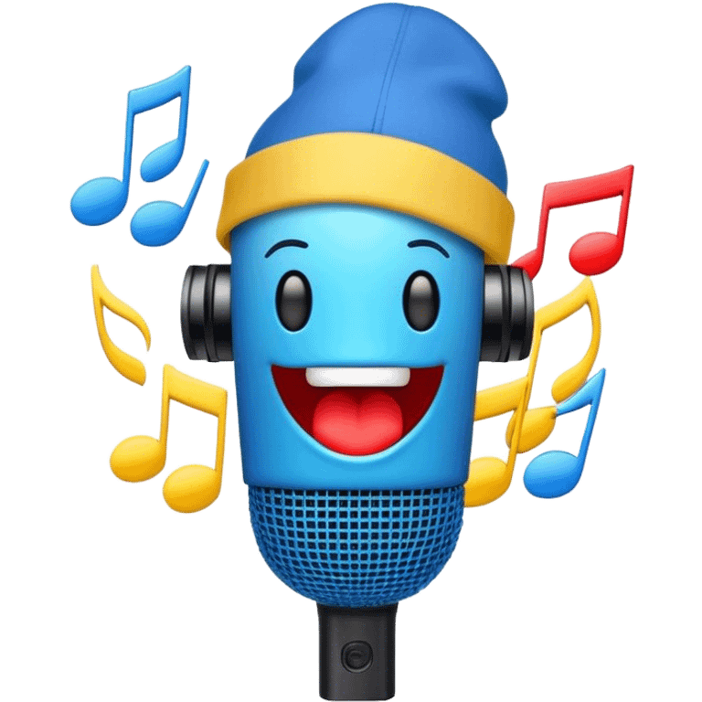 Create a dynamic and energetic emoji that represents beatboxing. The design should feature a microphone with a singing mouth and soundwaves or rhythmic beats emanating from it, symbolizing the vocal percussion and rhythm of beatboxing. Add a cap placed on top of the microphone to reflect street culture and the individuality of the performer. Include musical notes floating around to emphasize the musicality. Use bold, vibrant colors like neon blue, red, and yellow to convey energy and excitement. The background should be transparent. emoji