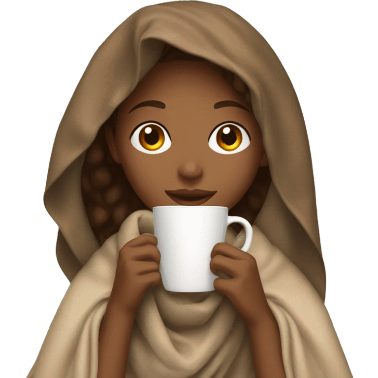 light brown girl with wavy hair drinking a latte with a blanket over her head emoji