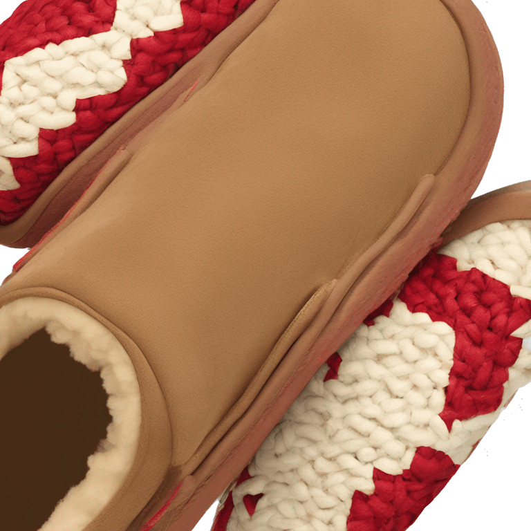 Camel color platform slip-on UGG slippers. thin red woven zig-zag trim line detail on the cuff emoji