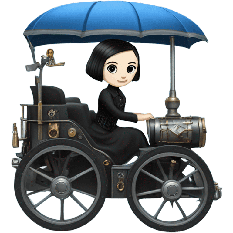 Wednesday Addams driving a modern blue and pewter steampunk electric wagon emoji